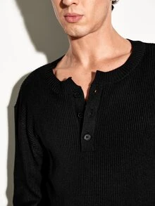 Colvenic Men's Fashion Versatile Button Half-Placket Long Sleeve Knit Top - Black - View 2