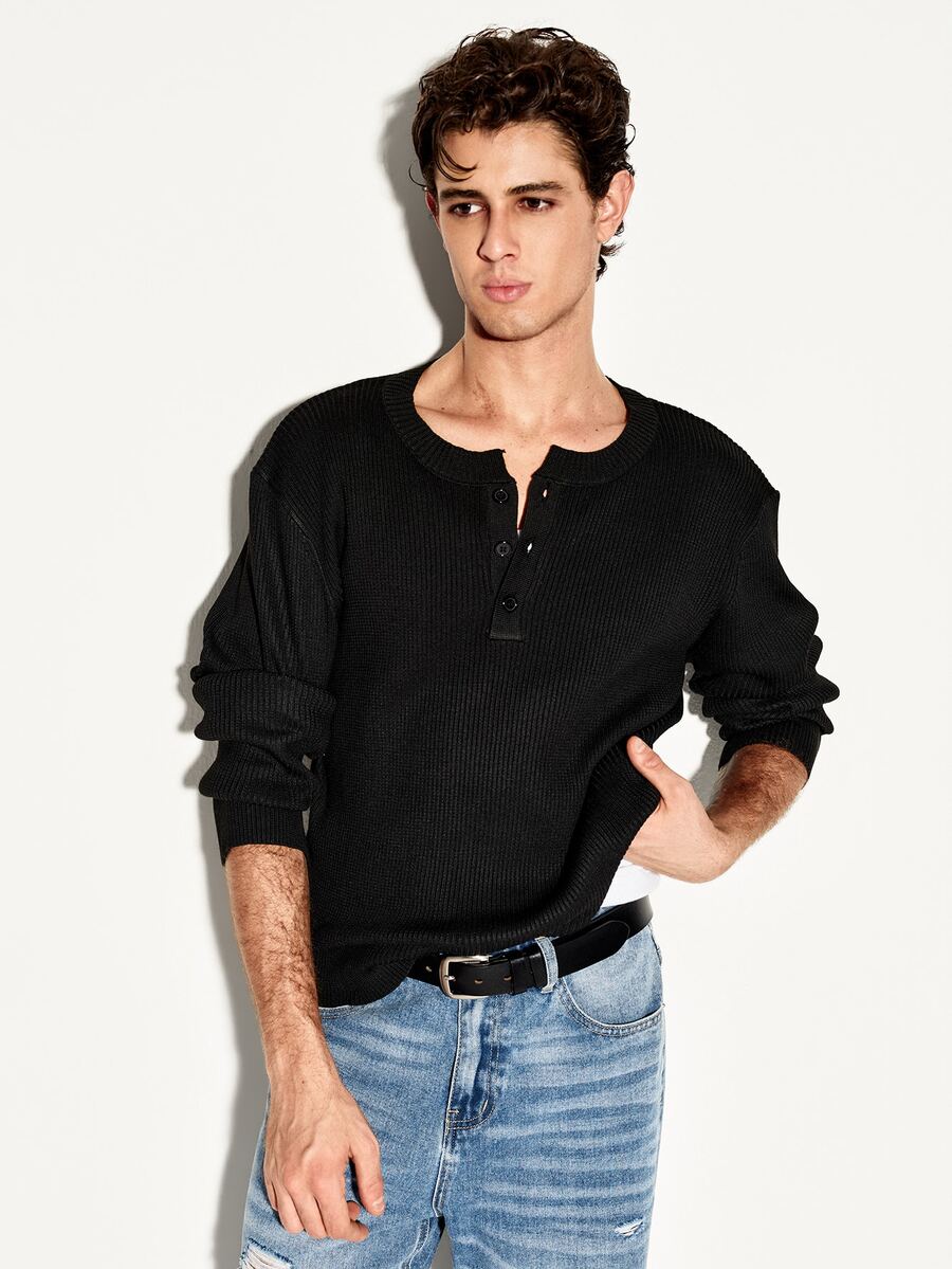 Colvenic Men's Fashion Versatile Button Half-Placket Long Sleeve Knit Top - Black - View 1