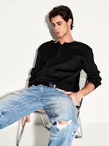 Colvenic Men's Fashion Versatile Button Half-Placket Long Sleeve Knit Top - Black - View 3