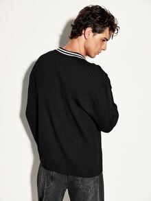 Colvenic Men's Striped Collared Long Sleeve Casual Sweater - Black - View 5