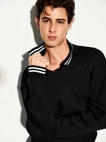 Colvenic Men's Striped Collared Long Sleeve Casual Sweater - Black - View 2