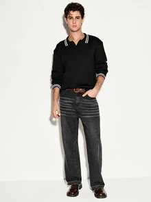 Colvenic Men's Striped Collared Long Sleeve Casual Sweater - Black - View 3