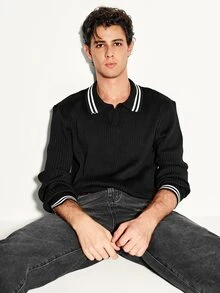 Colvenic Men's Striped Collared Long Sleeve Casual Sweater - Black - View 1