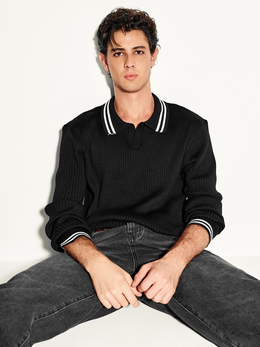 Colvenic Men's Striped Collared Long Sleeve Casual Sweater - Black - View 1