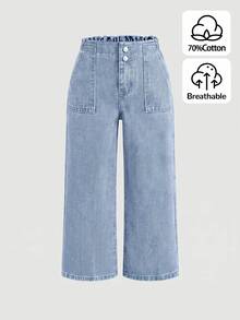 Tween Girl Pocket Wide Leg Blue Denim Loose Long Pants World Cup Independence Day Beach - Blue - View 2