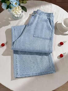 Tween Girl Pocket Wide Leg Blue Denim Loose Long Pants World Cup Independence Day Beach - Blue - View 3