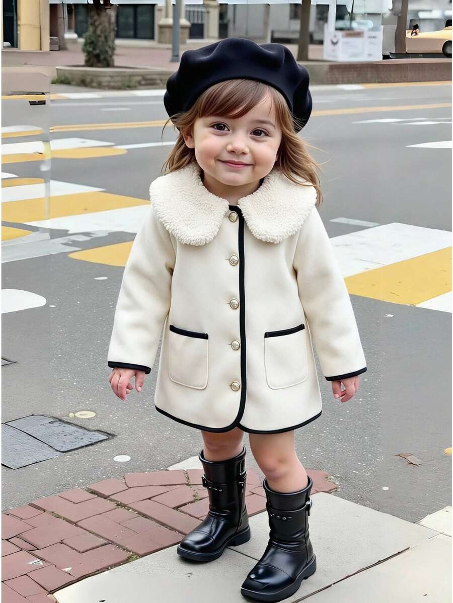SHEIN 幼女羊毛豌豆大衣 優雅公主風 白色黑色 毛絨領 珍珠鈕扣 長袖 加厚 生日派對 秋冬保暖 芭蕾復古