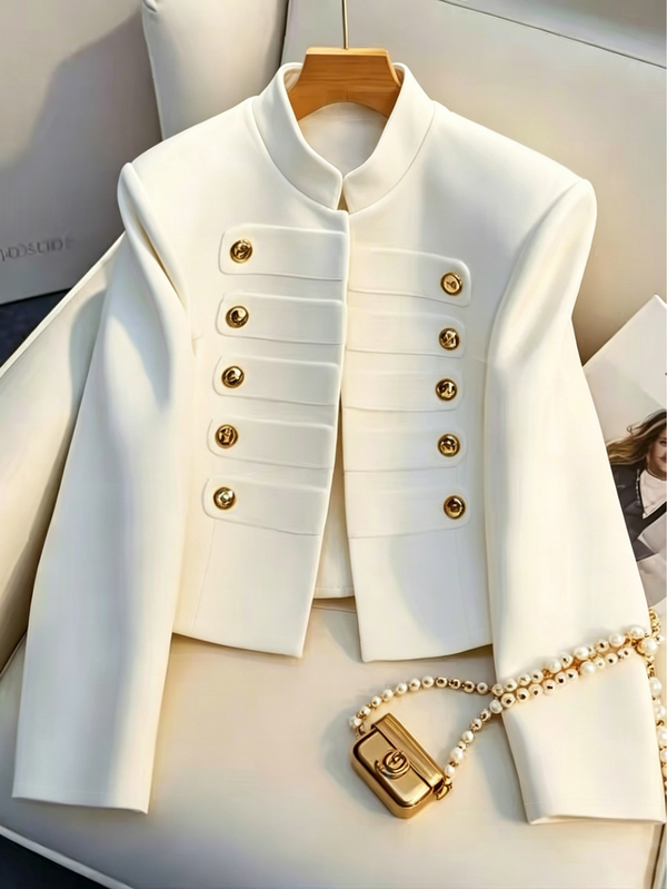 SHEIN Franclia French Style Stand Collar Double-Breasted Gold Button Cropped Blazer Jacket For Women, Premium Commuter Slimming Jacket Top For Petite