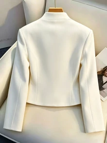 SHEIN Franclia 女款法式立領雙排扣金鈕短版西裝外套，高級通勤修身小個子夾克上衣 - 白色 - 查看 2