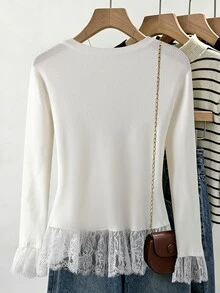 Linhara CURVE Cardigan Kancing Depan Renda Kontras Plus Musim Gugur Pagi Koktail Putih Kasual Elegan - Aprikot - View 10