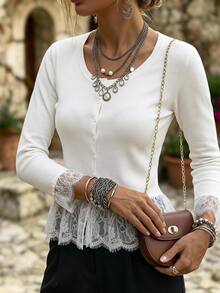 Linhara CURVE Cardigan Kancing Depan Renda Kontras Plus Musim Gugur Pagi Koktail Putih Kasual Elegan - Aprikot - View 11