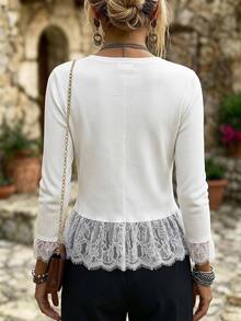 Linhara CURVE Cardigan Kancing Depan Renda Kontras Plus Musim Gugur Pagi Koktail Putih Kasual Elegan - Aprikot - View 3
