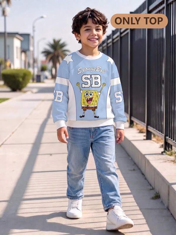 SpongeBob SquarePants | SHEIN Sweatshirt Kasual Anak Laki-Laki Usia Remaja Warna Biru Putih Blok Warna Kartun Bintang Lengan Panjang Kerah Bulat Longgar Gaya Jalanan Kembali ke Sekolah Musim Gugur