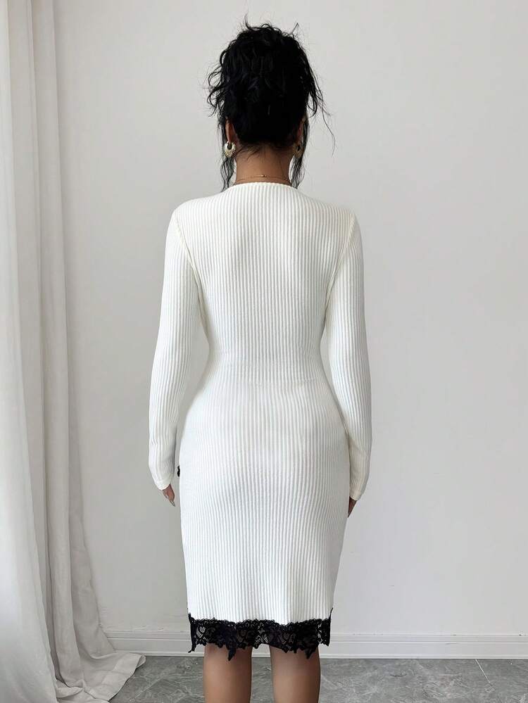 SHEIN Clasi 女款 2026 秋冬優雅蕾絲撞色拼接交叉領中長洋裝 - 米色 - 查看 2