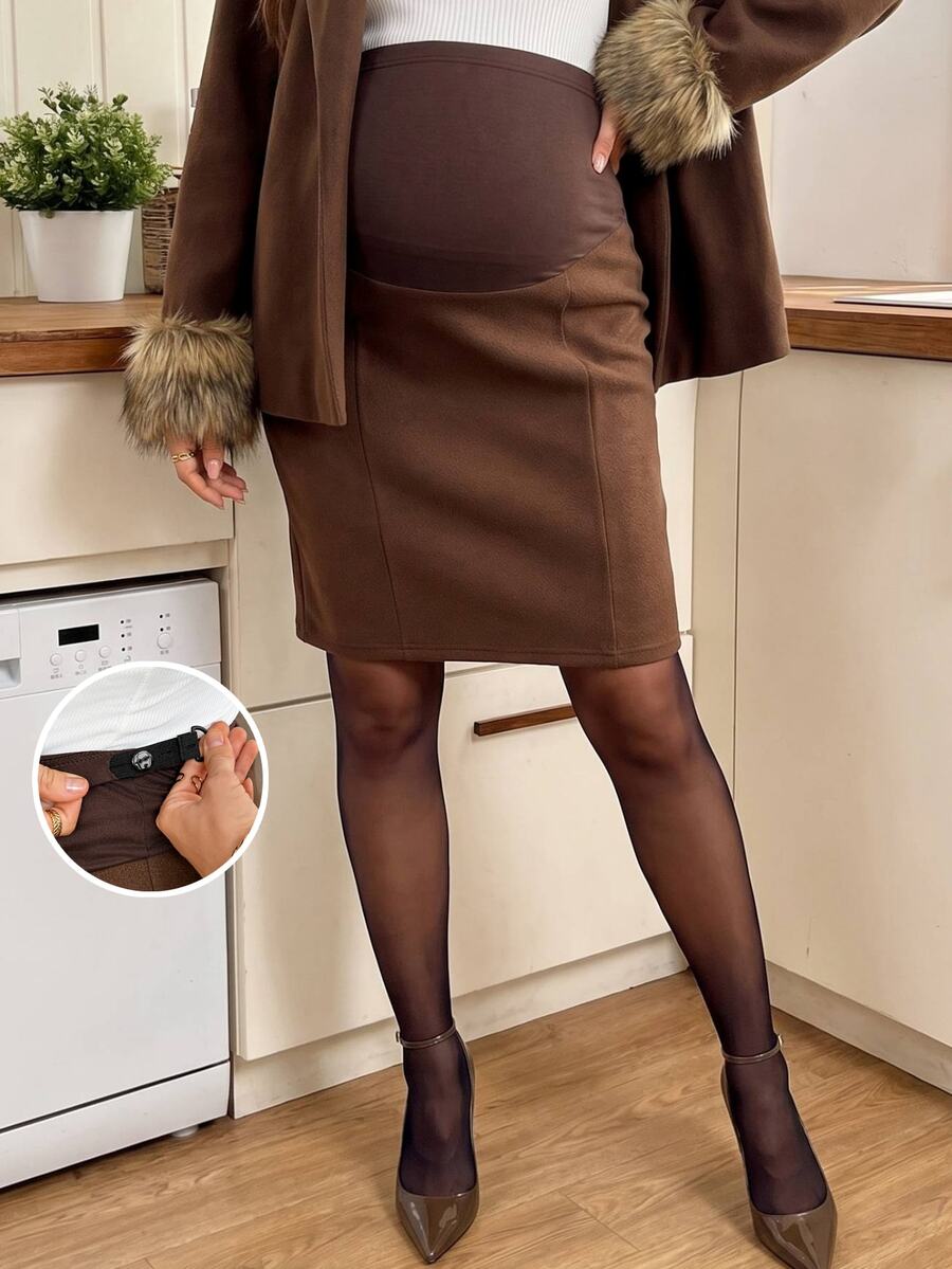 SHEIN Maternity Solid Color Adjustable Waist Casual Elegant Versatile Daily Wear Skirt Fall Office Formal Brown - Brown - View 1