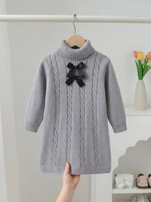 SHEIN 幼童女童灰色圓領長袖蝴蝶結麻花針織毛衣洋裝，秋冬款，返校穿搭，保暖舒適，節慶聖誕套裝 - 灰色 - 查看 4