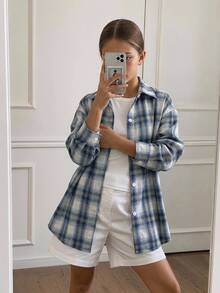 DAZY Girls (Big) Loose Plaid Shirt, New Autumn Style, Long Sleeve Casual Outerwear Top - Blue - View 3
