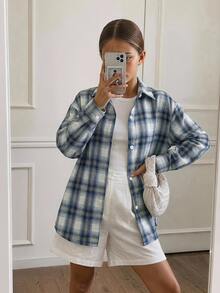 DAZY Girls (Big) Loose Plaid Shirt, New Autumn Style, Long Sleeve Casual Outerwear Top - Blue - View 7