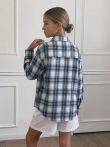 DAZY Girls (Big) Loose Plaid Shirt, New Autumn Style, Long Sleeve Casual Outerwear Top - Blue - View 2