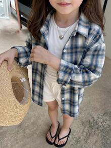 DAZY Girls (Big) Loose Plaid Shirt, New Autumn Style, Long Sleeve Casual Outerwear Top - Blue - View 1