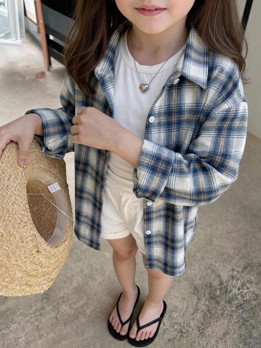 DAZY Girls (Big) Loose Plaid Shirt, New Autumn Style, Long Sleeve Casual Outerwear Top - Blue - View 1