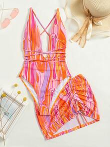 SHEIN Swim Summer Beach Abstract Fluid Pattern Plunging One Piece Swimsuit & Beach Dress - Multicolor - View 2