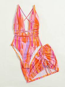 SHEIN Swim Summer Beach Abstract Fluid Pattern Plunging One Piece Swimsuit & Beach Dress - Multicolor - View 6