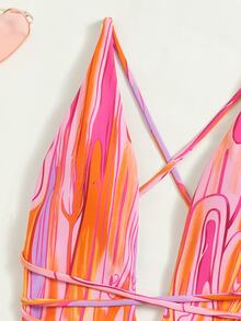 SHEIN Swim Summer Beach Abstract Fluid Pattern Plunging One Piece Swimsuit & Beach Dress - Multicolor - View 3