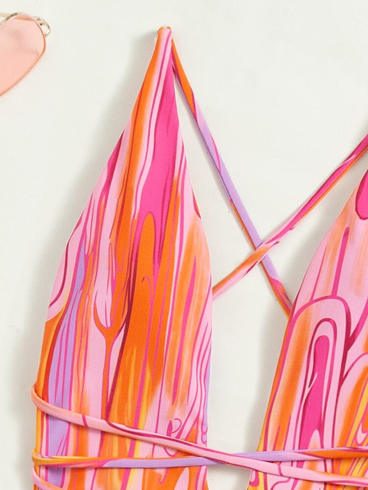 SHEIN Swim Summer Beach Abstract Fluid Pattern Plunging One Piece Swimsuit & Beach Dress - Multicolor - View 3