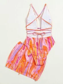 SHEIN Swim Summer Beach Abstract Fluid Pattern Plunging One Piece Swimsuit & Beach Dress - Multicolor - View 4