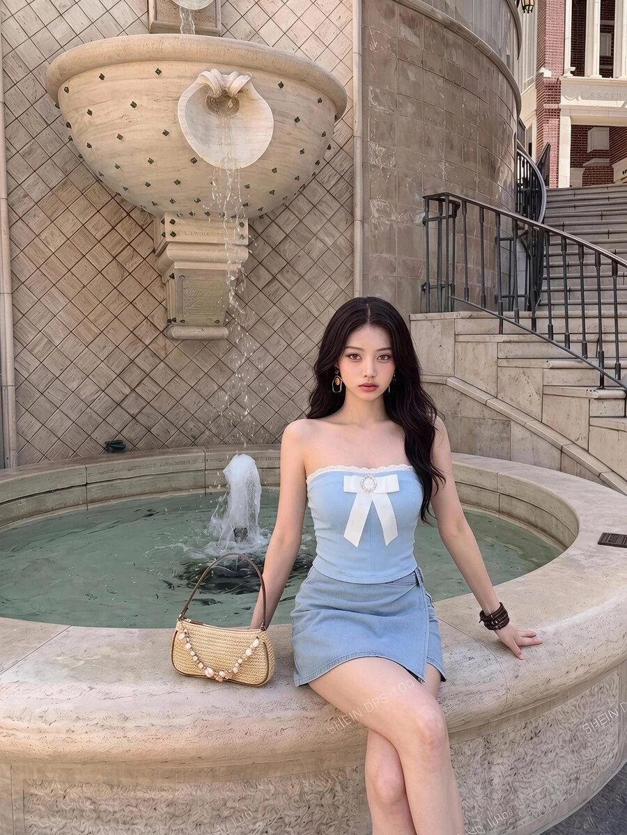SHEIN MOD Bow Front Tube Top - Blue - View 1
