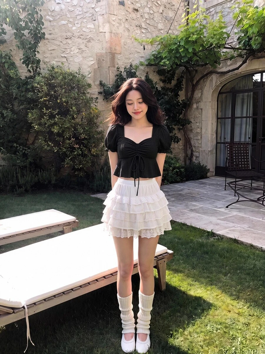 SHEIN MOD Puff Sleeve Gathered Waist Ruffled Hem Jacquard Fabric Black T-Shirt - Black - View 1