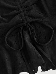 SHEIN MOD Puff Sleeve Gathered Waist Ruffled Hem Jacquard Fabric Black T-Shirt - Black - View 3