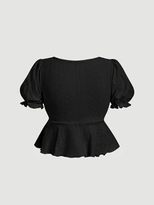 SHEIN MOD Puff Sleeve Gathered Waist Ruffled Hem Jacquard Fabric Black T-Shirt - Black - View 2