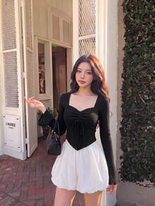 SHEIN MOD Black Bell Sleeves Drawstring Texture Women's Long Sleeve T-Shirt With Asymmetric Hemline - Black - View 1