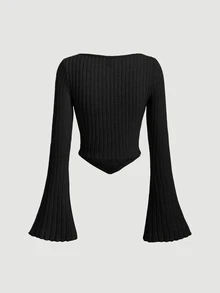 SHEIN MOD Black Bell Sleeves Drawstring Texture Women's Long Sleeve T-Shirt With Asymmetric Hemline - Black - View 2