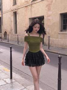 SHEIN MOD Solid Color Vest Top Covered By Olive Mesh Puff Sleeve Women's Top - Army Green - View 1