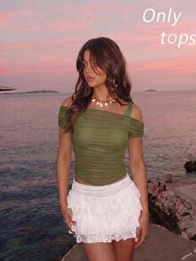 SHEIN MOD Solid Color Vest Top Covered By Olive Mesh Puff Sleeve Women's Top - Army Green - View 4