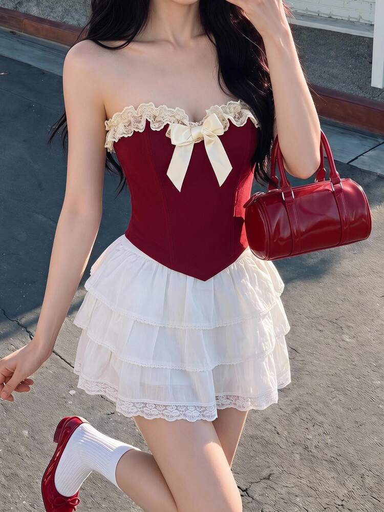 SHEIN MOD Burgundy Strapless Corset Top With Cream Lace Trim,Satin Bow,Vintage Summer Style For Date Night,Elegant Victorian Fit,Formal Party Wedding - Burgundy - View 1