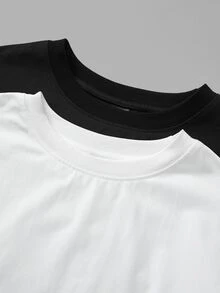 SHEIN BASICS 女款休閒百搭極簡純色短袖T恤，健身適用，黑白色，適合夏季、秋季日常居家穿著 - 彩色 - 查看 4
