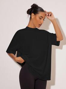 SHEIN BASICS 女款休閒百搭極簡純色短袖T恤，健身適用，黑白色，適合夏季、秋季日常居家穿著 - 彩色 - 查看 6