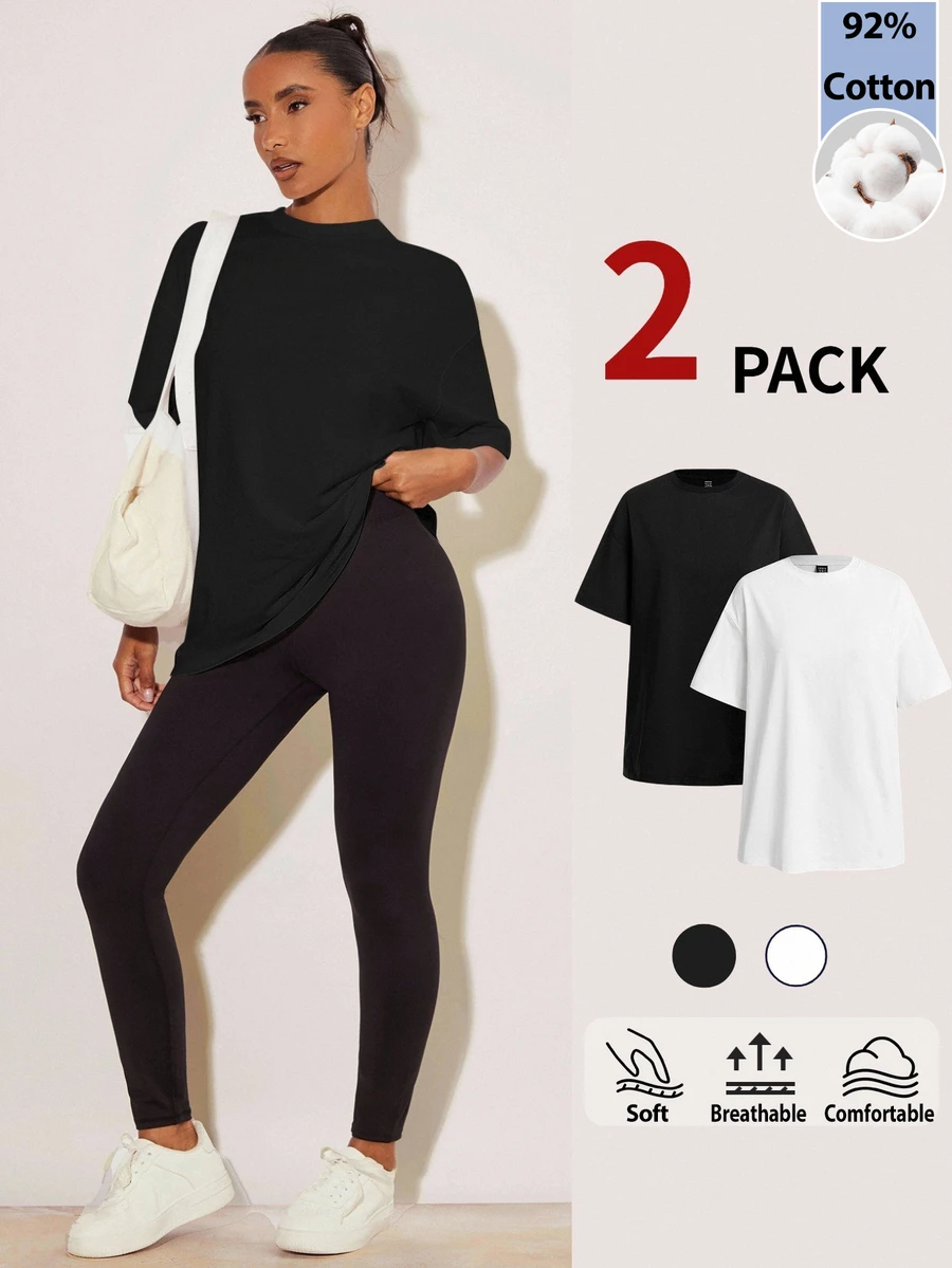 SHEIN BASICS 女款休閒百搭極簡純色短袖T恤,健身適用,黑白色,適合夏季、秋季日常居家穿著 - 彩色 - 查看 1