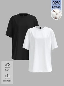 SHEIN BASICS 女款休閒百搭極簡純色短袖T恤，健身適用，黑白色，適合夏季、秋季日常居家穿著 - 彩色 - 查看 2