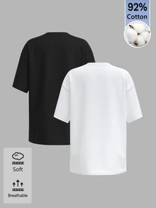 SHEIN BASICS 女款休閒百搭極簡純色短袖T恤，健身適用，黑白色，適合夏季、秋季日常居家穿著 - 彩色 - 查看 10