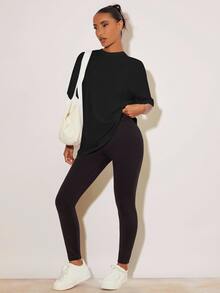 SHEIN BASICS 女款休閒百搭極簡純色短袖T恤，健身適用，黑白色，適合夏季、秋季日常居家穿著 - 彩色 - 查看 7