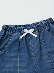 SHEIN 青少年女孩寬鬆直筒牛仔褲，仿抽繩腰部設計，淺藍色水洗丹寧，貓鬚效果，休閒時尚極簡風 - 深色水洗藍 - 查看 6