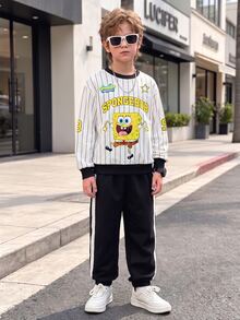 SpongeBob SquarePants | SHEIN 2件組青少年男孩休閒運動衫套裝，黑色黃色條紋圖案，長袖寬鬆版型圓領，校園秋季穿搭 - 白色 - 查看 3