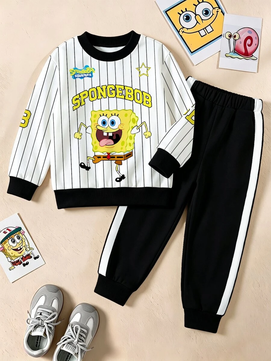 SpongeBob SquarePants | SHEIN 2件組青少年男孩休閒運動衫套裝,黑色黃色條紋圖案,長袖寬鬆版型圓領,校園秋季穿搭 - 白色 - 查看 1