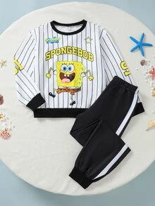 SpongeBob SquarePants | SHEIN 2件組青少年男孩休閒運動衫套裝，黑色黃色條紋圖案，長袖寬鬆版型圓領，校園秋季穿搭 - 白色 - 查看 5