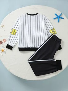 SpongeBob SquarePants | SHEIN 2件組青少年男孩休閒運動衫套裝，黑色黃色條紋圖案，長袖寬鬆版型圓領，校園秋季穿搭 - 白色 - 查看 2